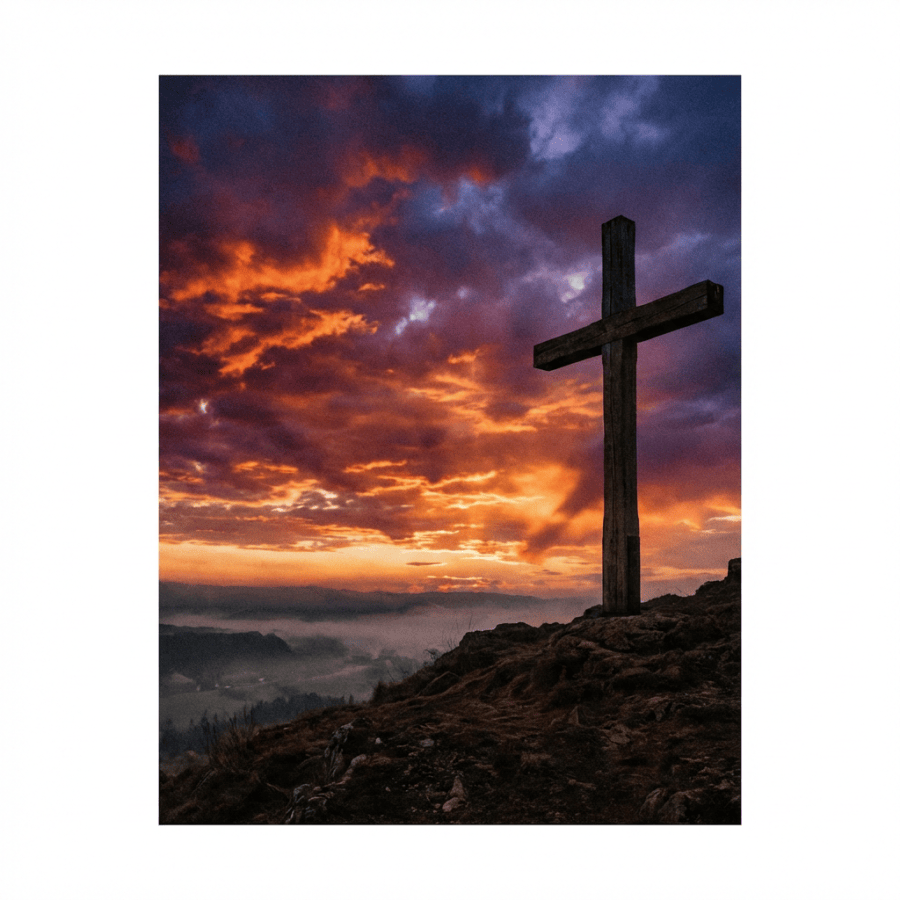 A wooden cross on a rocky hill under a dramatic sunset sky with valley fog.