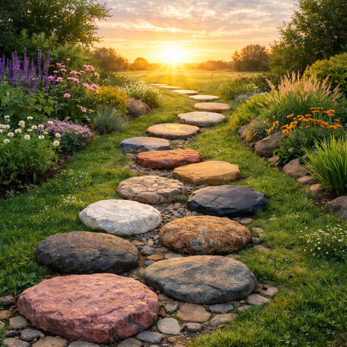 Curved stone pathway through lush garden with sunrise in background