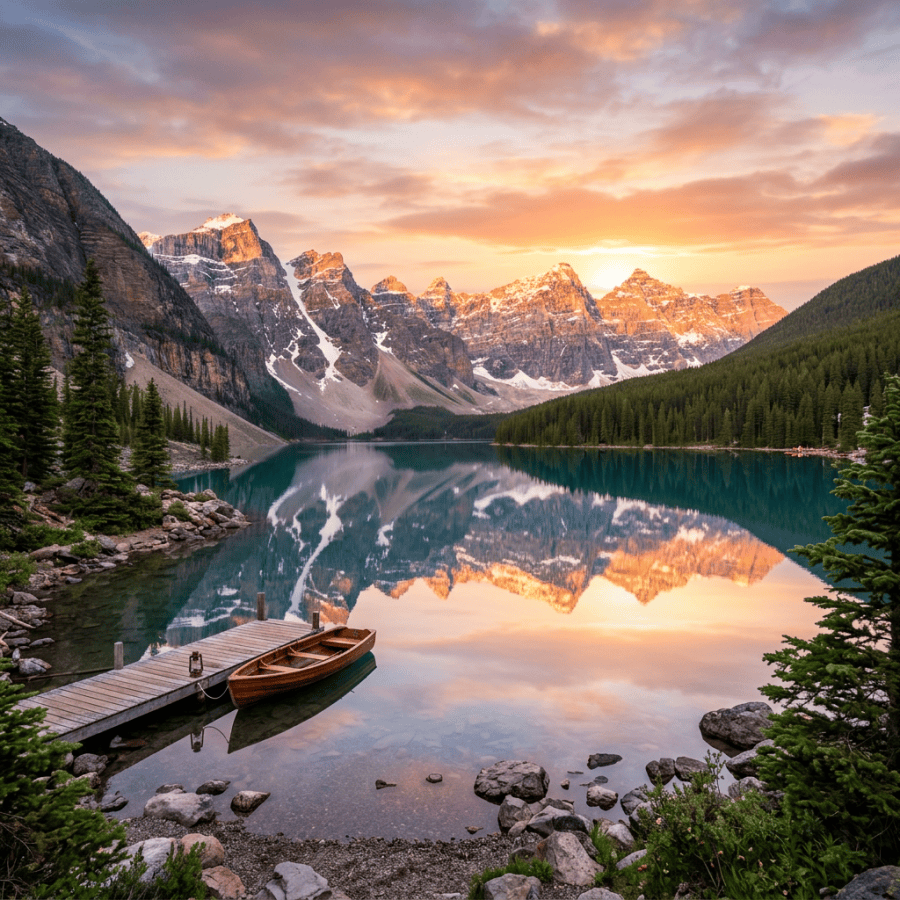 Wooden canoe tied to dock on calm lake reflecting snow-capped mountains at sunrise