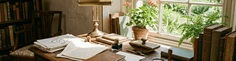 Vintage wooden desk with handwritten manuscripts, ink bottle, magnifying glasses, and books by a window