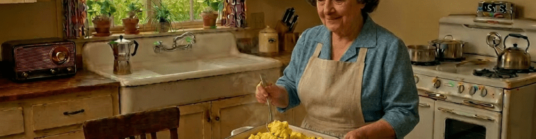 Woman stirring food in a pot on a kitchen table with breakfast plates and a sunrise visible through the window
