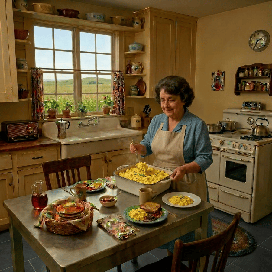 Woman stirring food in a pot on a kitchen table with breakfast plates and a sunrise visible through the window