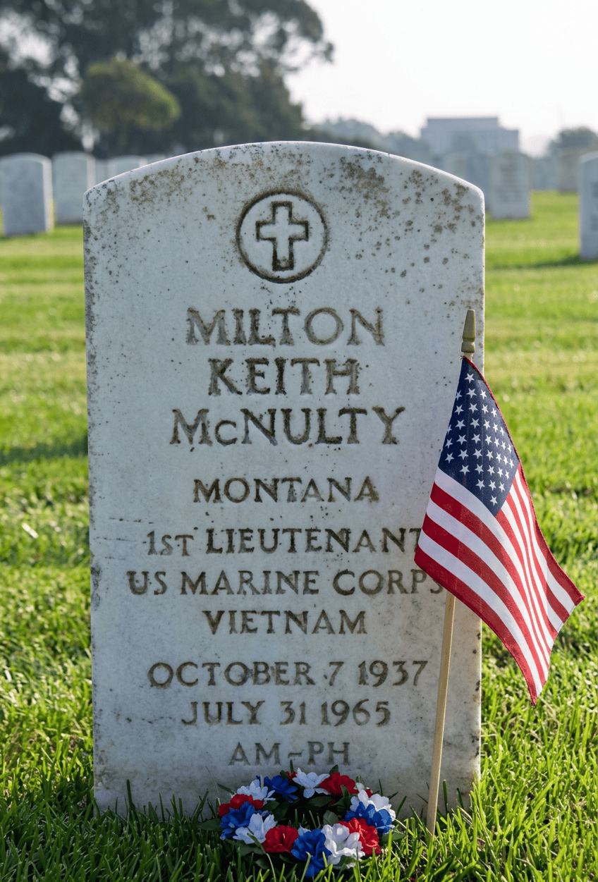 Gravestone for Milton Keith McNulty, 1st Lieutenant US Marine Corps, Vietnam veteran with American flag and wreath