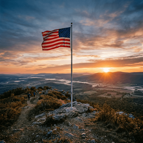 American flag on a mountain peak at sunrise with hikers walking along a rocky path