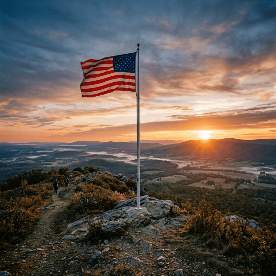 American flag on a mountain peak at sunrise with hikers walking along a rocky path