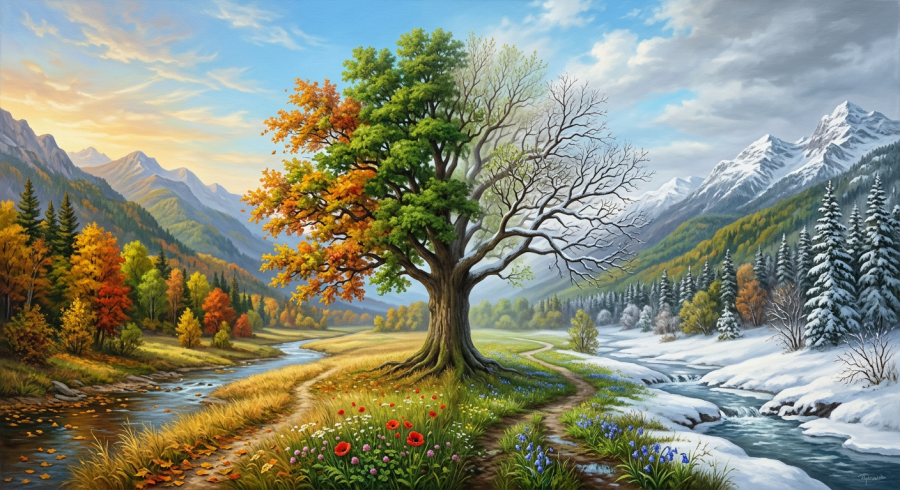 A large tree showing spring, summer, autumn, and winter seasons with a river flowing on both sides and mountains in the background