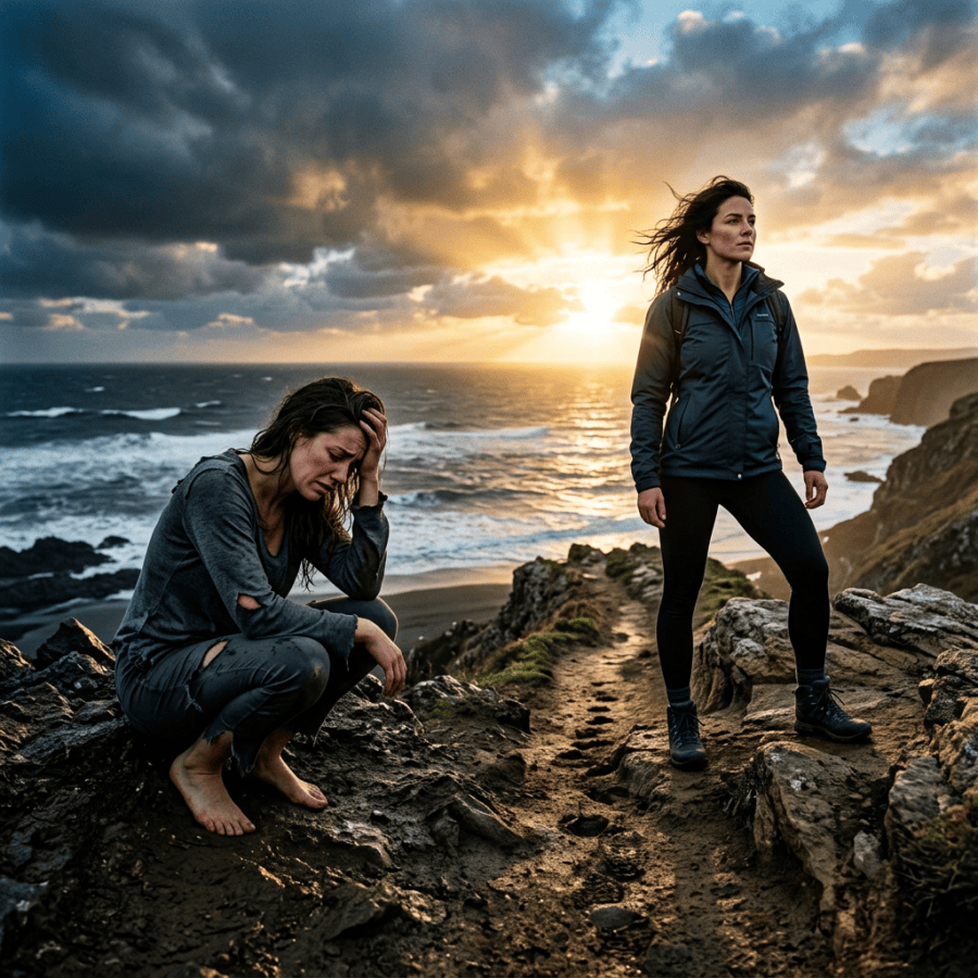Two women on a rocky coastal cliff with ocean waves and sunset; one woman crouching and distressed, the other standing confidently