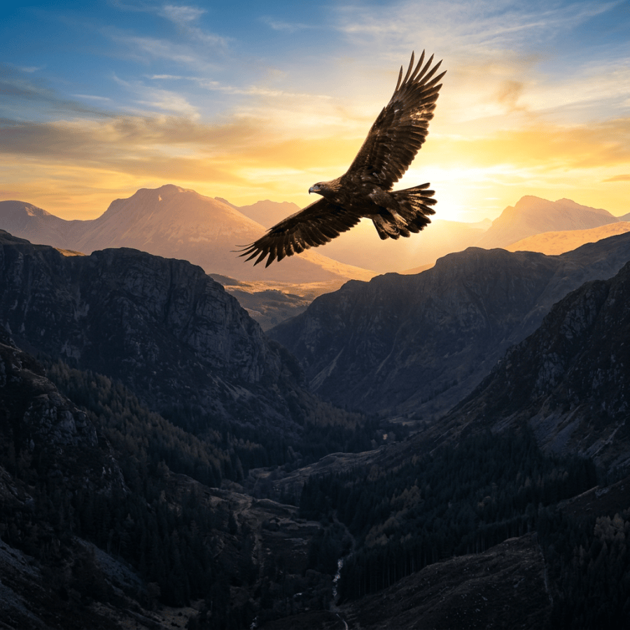 Golden eagle flying over mountainous valley with sunset sky
